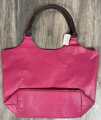 NEIMAN MARCUS SHINY BUTTERY DEEP PINK SNAKE EMBOSSED BROWN HANDLES NEW WITH TAGS - Picture 4 of 5