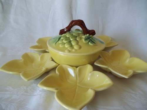 Vintage Mid-Century Belmar of California Yellow Grape Leaf Bowls Snack Set 7 Pc - Picture 2 of 11