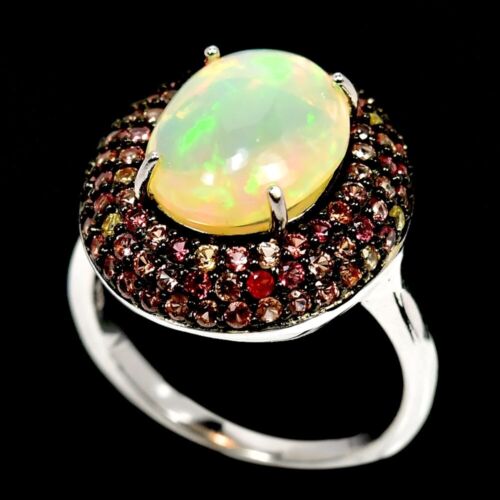 NATURAL AAA RAINBOW OPAL OVAL & SAPPHIRE STERLING 925 SILVER RING SIZE 7.25 - Picture 3 of 6