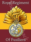 ROYAL REGT OF FUSILIERS KINGS CROWN CAP BADGE PRINTED ON A METAL SIGN.