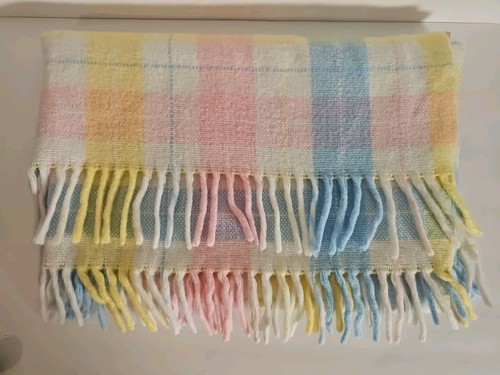 Vintage Tennessee Woolen Mills Baby DECKE rosa blau gelb pastell kariert Fransen