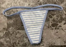 VICTORIA'S SECRET PINK BLUE WHITE STRIPE HEART POINTELLE COTTON V STRING PANTIES