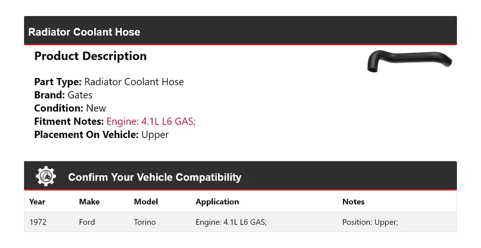Manguera de refrigerante de radiador de gas L6 4,1 L 1972 Ford Torino puertas superiores Foto 2 de 4