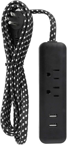 CP Fabric Extension Cord 2 Outlet 2 USB Charger 6ft 16/3 SPT-2 Black CP10054 - Picture 1 of 8