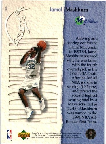 1994-1995 UPPER DECK # 4 - JAMAL MASHBURN - DALLAS MAVERICKS - Picture 2 of 2