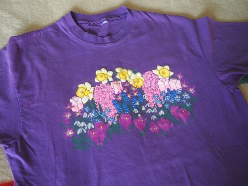 VTG 90s Floral Flowers Cute Purple Plants Puff Print Graphic Tee T-Shirt L Large - Afbeelding 2 van 8