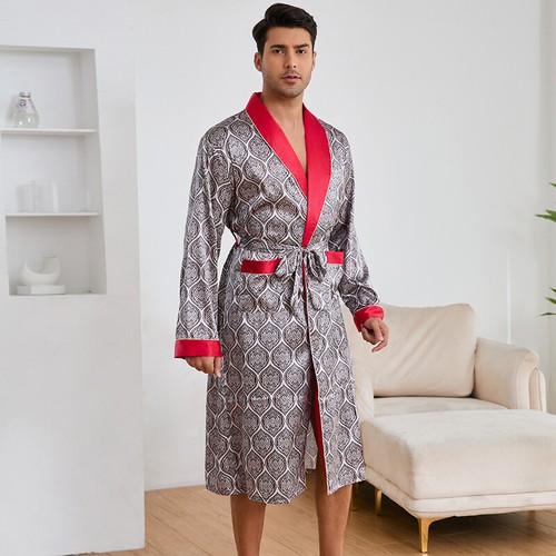 NEW Men Long Satin Silk Robe Pajamas Bathrobe Dressing Gown Pjs Loungewear UK - Picture 26 of 29