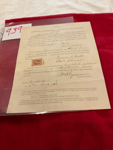 939 CIVIL WAR DRAFT EXEMPTION HARTFORD CONNECTICUT 1865 C WASHINGTON TAX STAMP - Picture 2 of 9