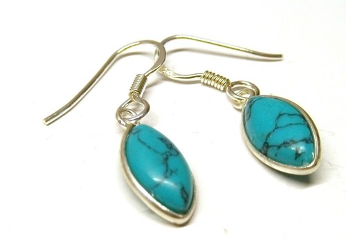 Handmade 925 Sterling Silver Turquoise Marquise Drop Earrings 29 x 7 mm Gift Box - Picture 3 of 8