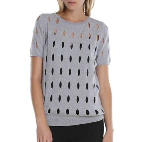 TIBI NEW YORK GRAY MERINO WOOL KNIT SWEATER SHORT SLEEVE LASER CUT OUT HOLE S