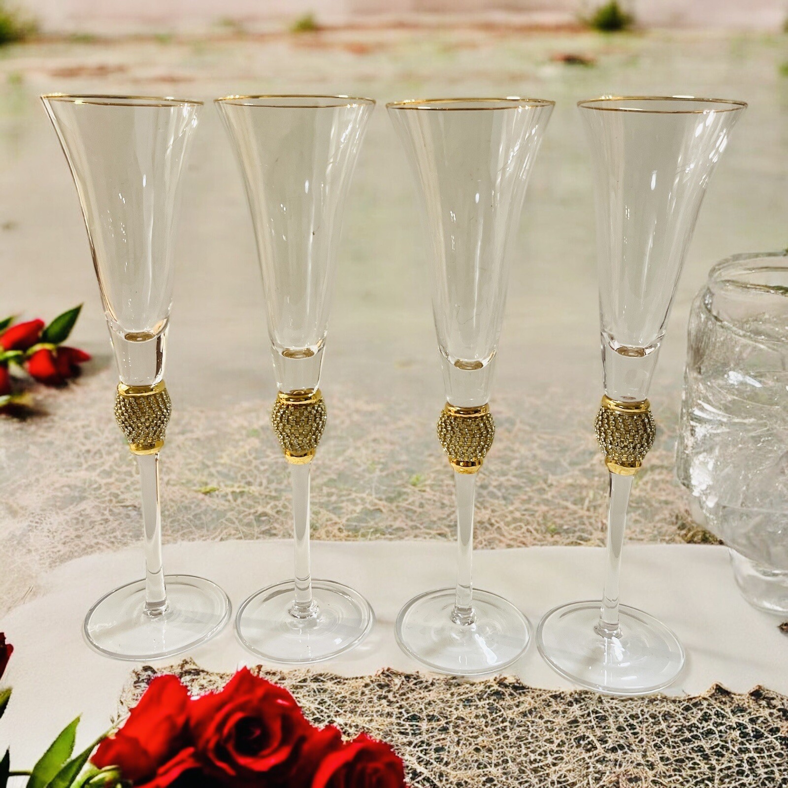4 Gold-Rim Pave Champagne Flutes Set 11