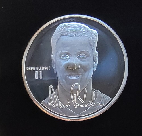 NFL Patriots Drew Bledsoe QB Rare Football-999 Silver 1 Oz Ounce Art Round Coin - Picture 2 of 2