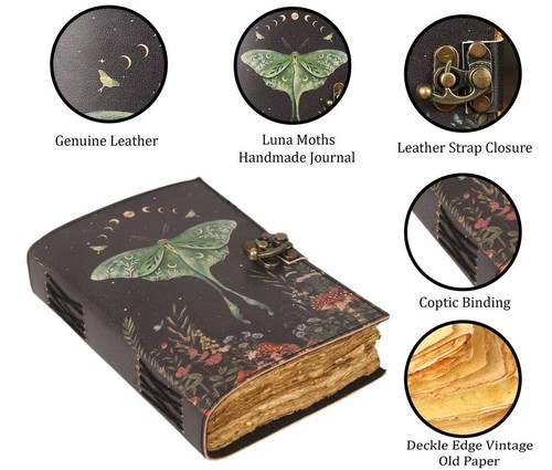 Rustic vintage handmade leather luna moth blank spell writing notebook for gift - Picture 2 of 9