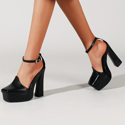 Scarpe casual da donna ecopelle punta quadrata blocco tacco alto fibbia cinturini US - Foto 7 di 21