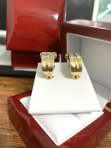 Natural 14K Yellow Gold 1.22CT Baguette G-H/ VS Diamond Omega Back Earrings 10Gr - Picture 8 of 20