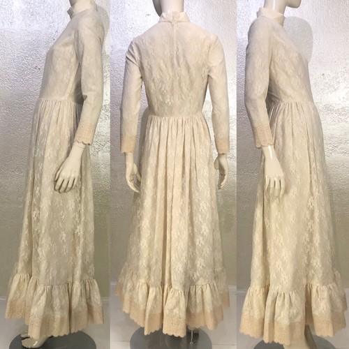 Vintage 1970's Ivory Lace Prairie Maxi Dress Long Sleeve Bohemian Wedding - Picture 2 of 7