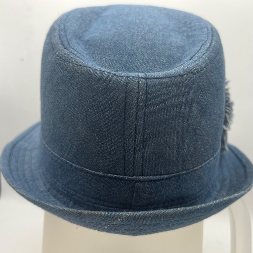 Hat. Blue Cotton Twill Fedora with fringed side decor One Size. blue - Picture 3 of 3