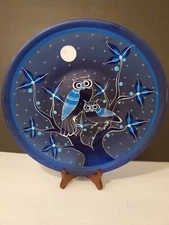 Studio Art Glass Plate~ Owls At Night Under Moon