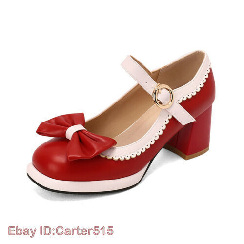 Damenschuhe Mary Jane rund geschnitten Plateau Blockabsatz PU-Leder Schnalle - Bild 6 von 18