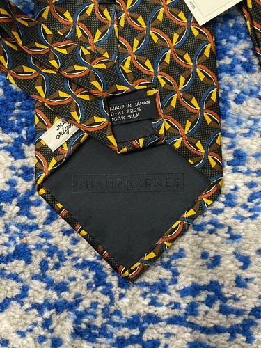 NUEVA Corbata de Seda Geométrica Jhane Barnes Marrón Azul Oro Naranja Verde Negro Japón - Imagen 5 de 7