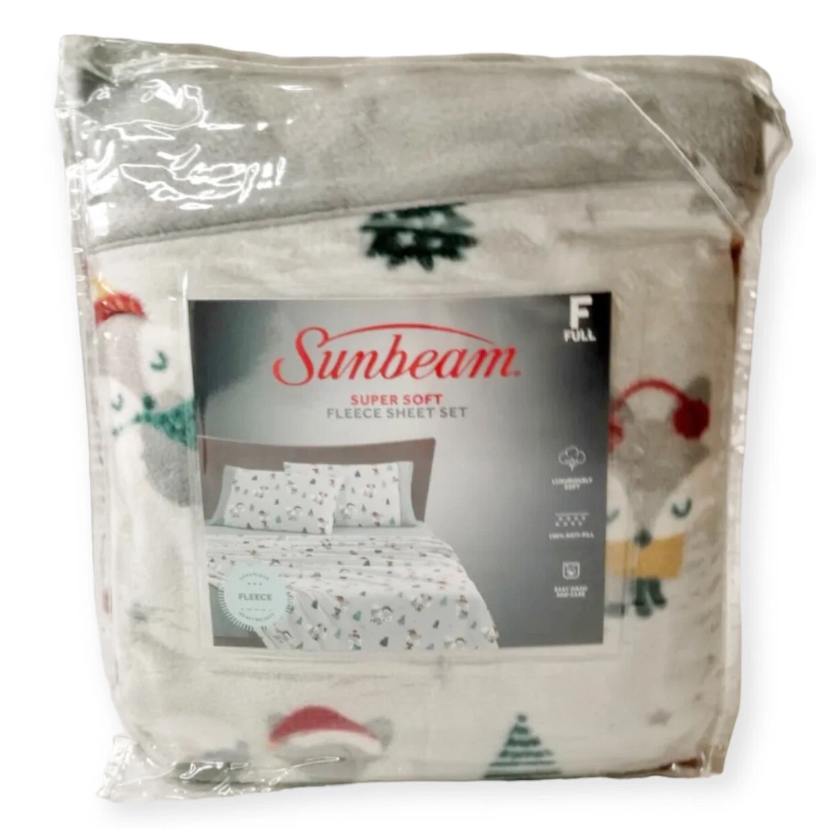 NEW SUNBEAM Super Soft White Print Fleece Sheet Set Size Full Winter | eBay