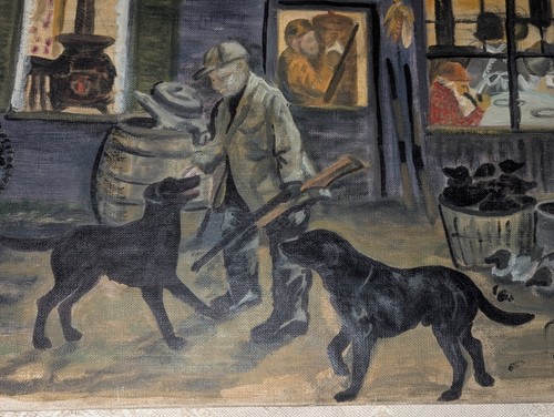 Antique Vtg Folk Art Painting on Canvas Hunting Duck Lodge Dogs Signed & Dated - Bild 3 von 20