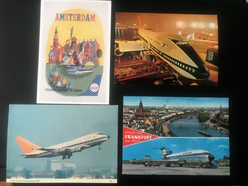 Fünf Postkarten SAA Boeing 747 LUFTHANSA 727 Tante Ju KLM Amsterdam alt Reklame  - Bild 1 von 4