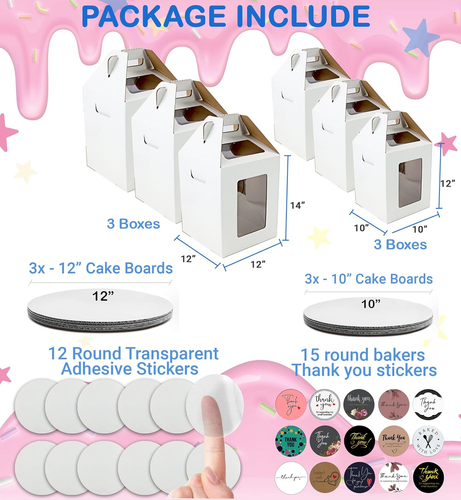 6 Pack Tri-Handle Tall Cake Boxes with Windows in 2 Sizes 10X10X12 & 12X12X14 + - Picture 2 of 7