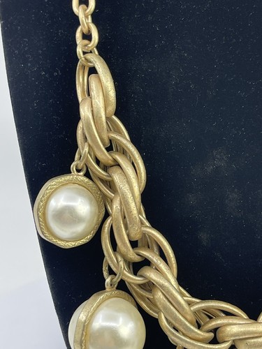VTG Marlyn Schiff Jumbo Faux Pearl Gold Link Drop Necklace 14” To 21” Jewelry - Picture 5 of 17