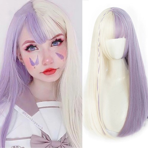 Cosplay Split Color Long Wig With Bangs Anime Japanese Women Two Tone Fake Hair