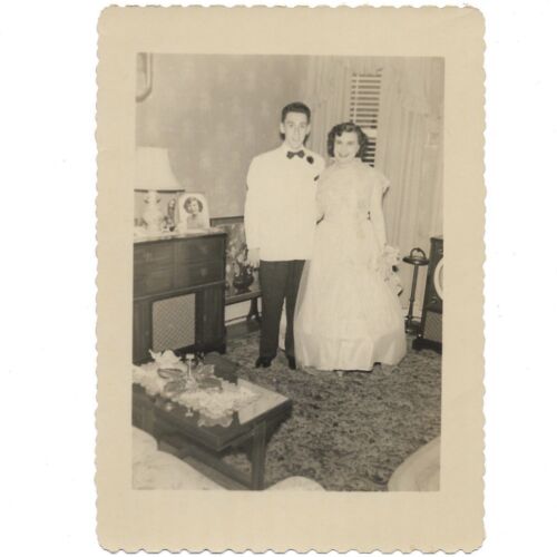 Vintage Prom Photo 1940s Teens Picture Taken In Retro Living Room Fashion Gown - Picture 1 of 5