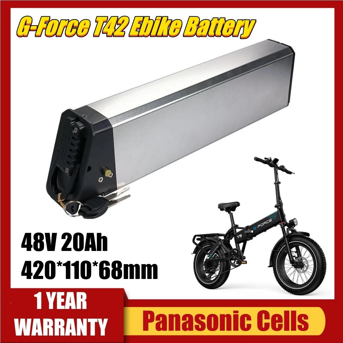 G Force T42 Folding Ebike Replacement Battery 48V 20Ah 960Wh Intube Battery 750W