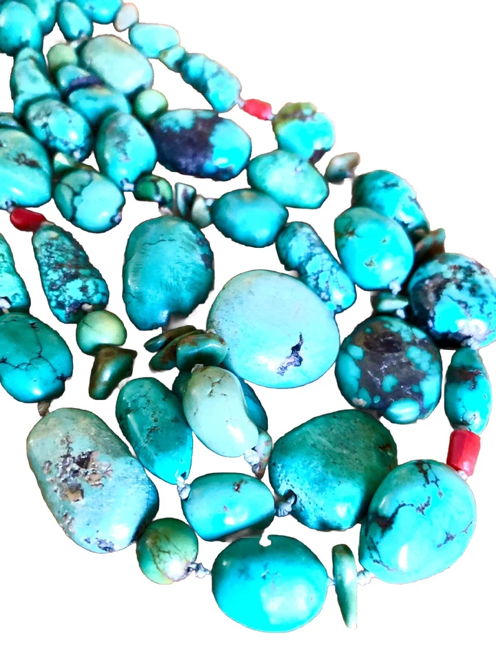 Collar Peyote Pájaro Triple Hilo Turquesa Plata de Ley Grueso Firmado 925 Foto 4 de 4