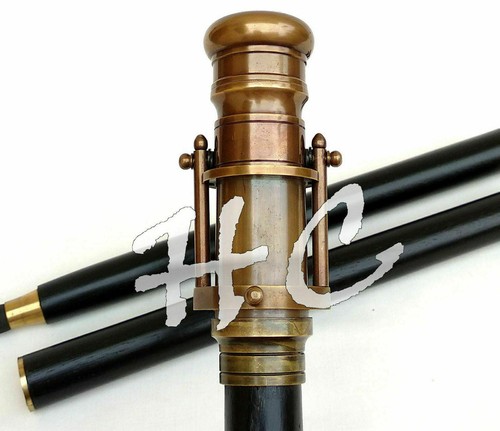 Brass Nautical Brown Finish Hidden Scope Telescope Handle W/Black Wooden Cane - Picture 2 of 5