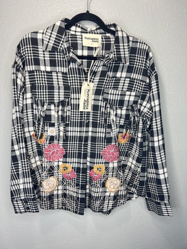 NWT! Savanna Jane Long Sleeve Black Plaid Embroidered Fringe Detail Blouse Top S - Picture 1 of 8
