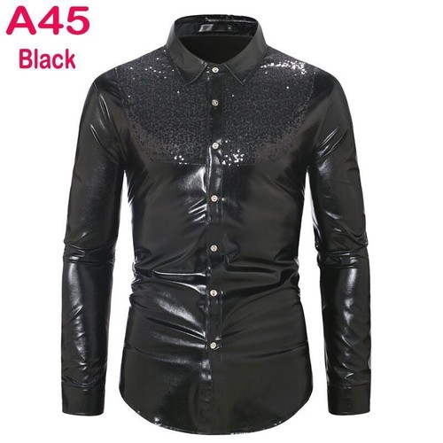 Schwarz Pailletten Glitzer Oberhemd Herren Langarm Button Down Party Tanzhemd - Bild 35 von 43