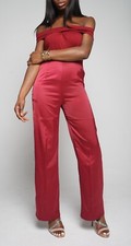 Womens Jumpsuit Burgundy Black Satin Polyester Wrap Bardot Wide Leg Pockets