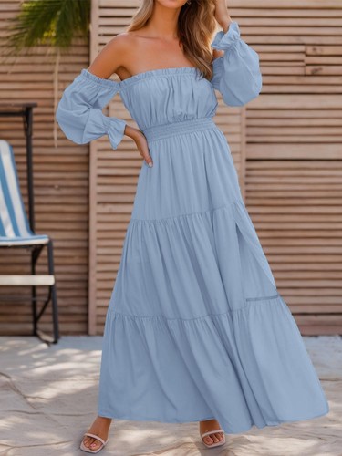 Sexy Maxi Vestido Para Mujer Fuera del Hombro Manga Larga Cintura Alta Lateral Dividido Largo - Imagen 4 de 13