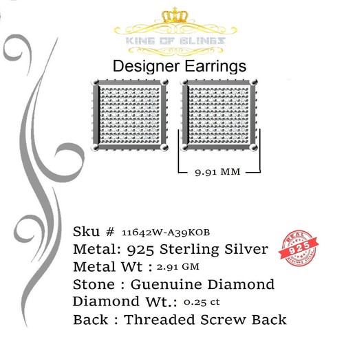 Aretes Para Hombre 925 White Silver 0.33ct Diamond Stud Men's Square Earrings - Imagen 3 de 11