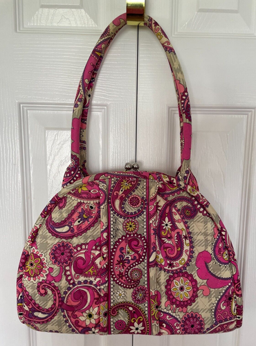 Vera Bradley Paisley Meets Plaid Pink White Gray Purple Eloise Kiss Lock Handbag - Picture 1 of 10
