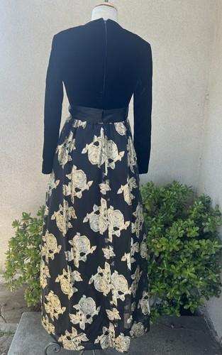 Vtg Glam Maxi Evening Dress Black Gold Velvet Brocade Chiffon 6 Sm Roger Milot - Picture 3 of 12