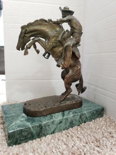 Frederic Remington "Bronco Buster" Bronze Cowboy & Horse Statue 9"green Marble - Picture 6 of 12