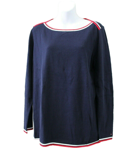 Tommy Hilfiger Signature Stripe Trim Long Sleeves Boat Neck Knit Top Blue Size L - Picture 1 of 4