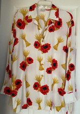 ESCADA VINTAGE LONG SILK BLOUSE IN WHITE POPPY FLORAL PRINT 42 12-14 GERMANY