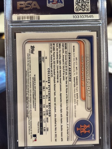 2024 Bowman Chrome Brandon Sproat Blue Auto /150 1st Bowman PSA 9 MINT METS - Picture 3 of 3