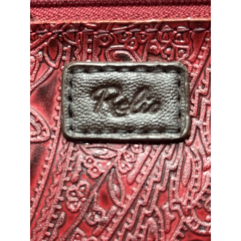 Cartera monedero reliquia triple pliegue a presión roja y marrón cachemira tooled cuero vegano Foto 4 de 4