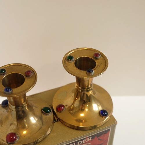 Vintage Candle Holder Set Solid Brass Glass Jewel Cabochons Medieval Retro - Picture 6 of 9