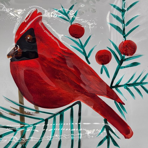 Vassoio da portata in vetro cardinale rosso dipinto a mano Natale inverno bacche - Foto 3 di 10
