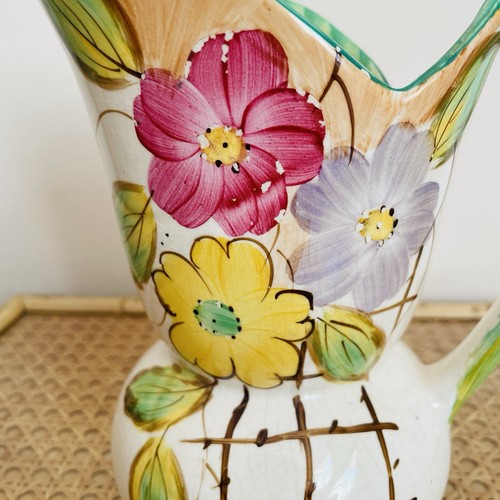 Vintage Italian Floral Pitcher Vase Jug, Hand Painted Folk Art Ceramic Pottery - Picture 2 of 10