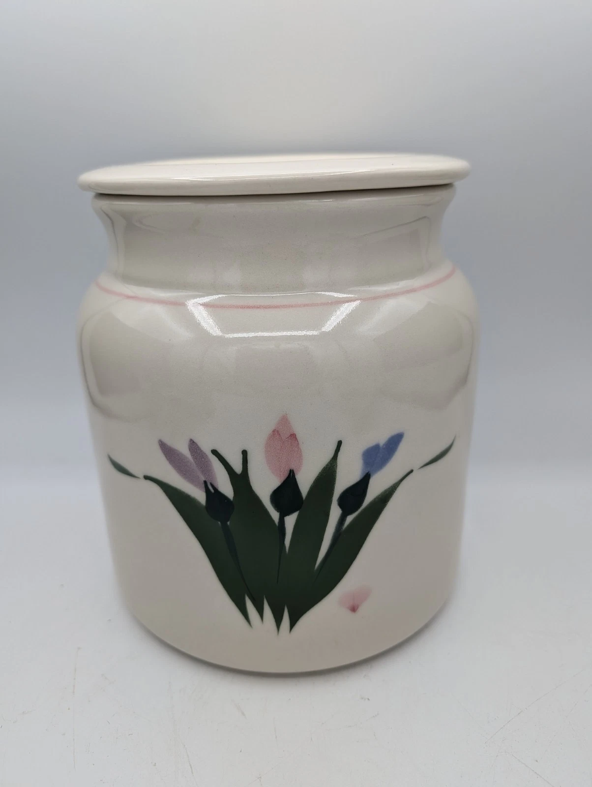 Clay Design Canister Jar Floral Spring Tulips White Ceramicmade In USA 7"